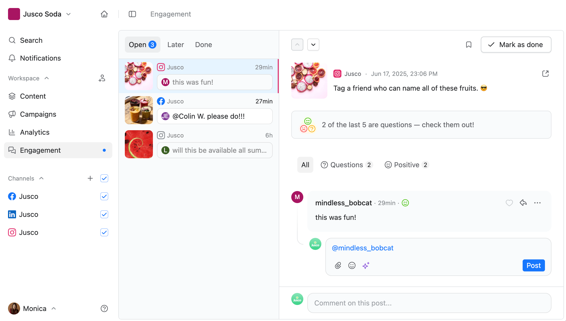 Planable dashboard shows social comments tagged by sentiment and questions for Jusco’s fruit-themed post.