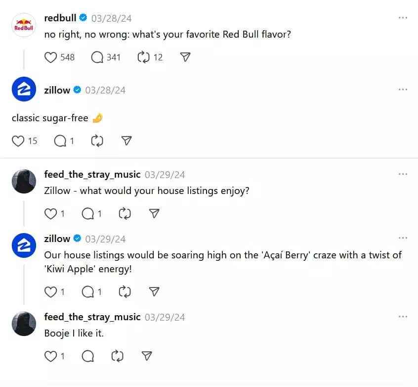 Red Bull asks favorite flavor; Zillow replies “classic sugar-free” and joins fun with house listing joke.