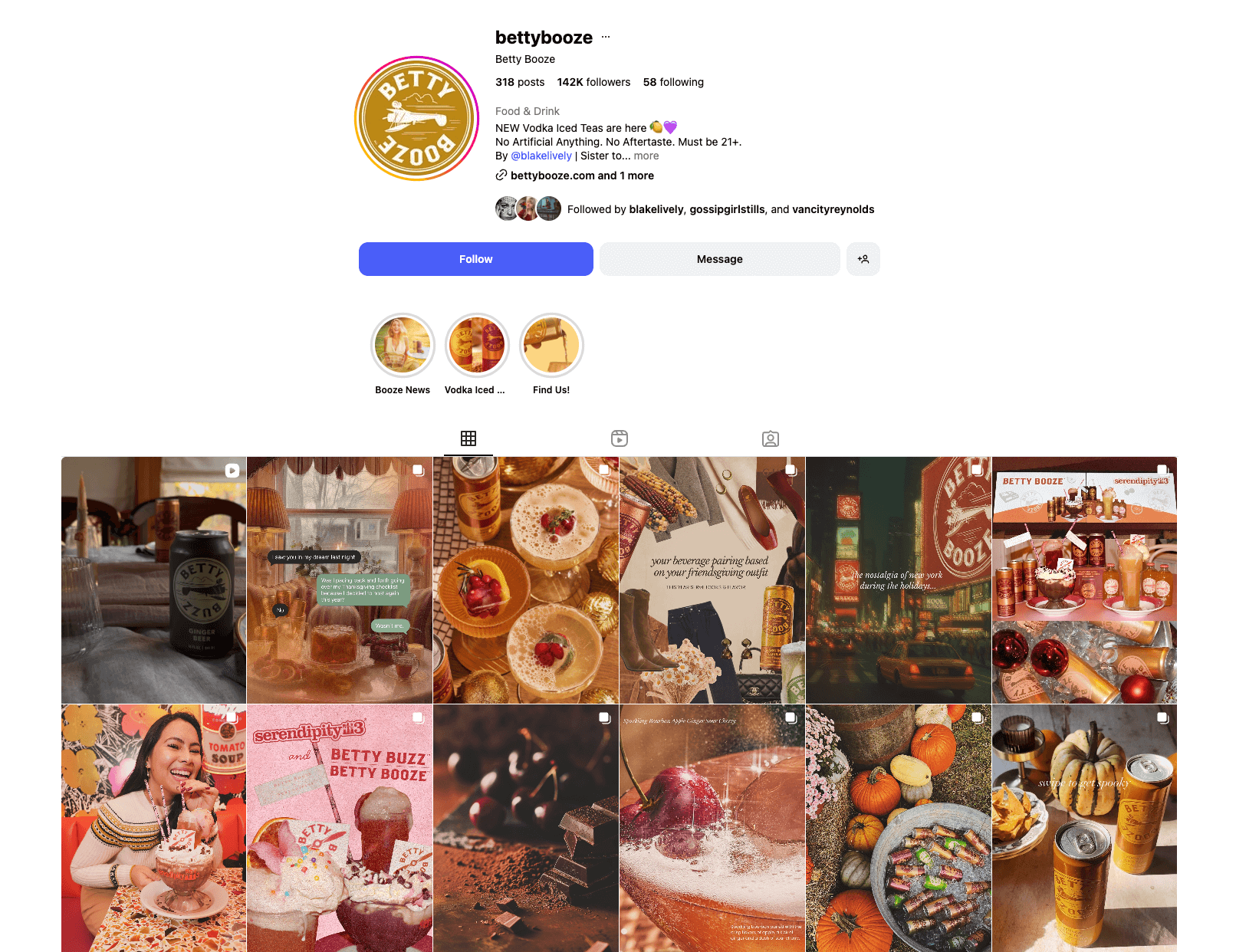 Betty Booze Instagram profile with brand posts, holiday drinks, and seasonal beverage marketing.