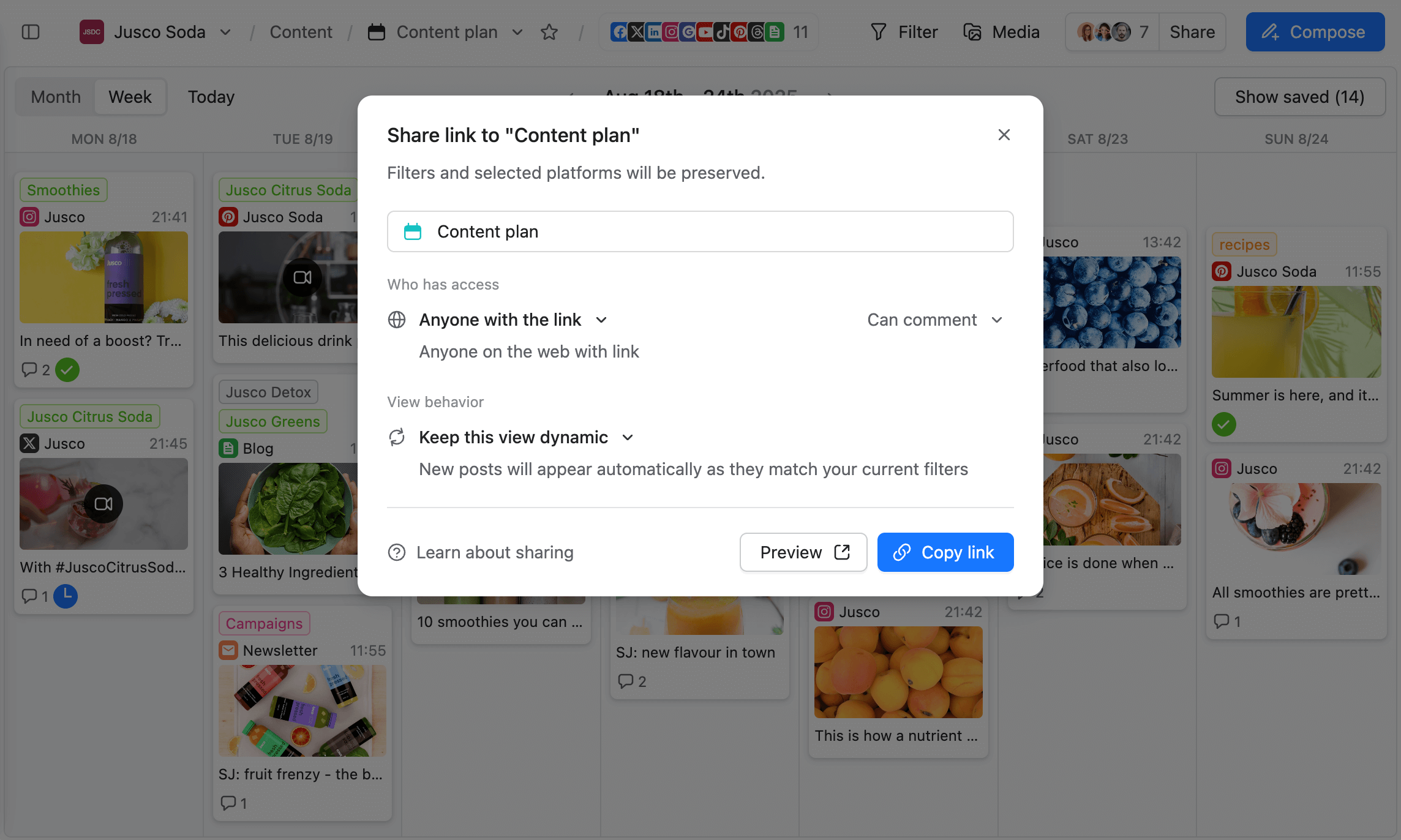 Sharing settings window in Planable showing content plan link and viewer permissions.