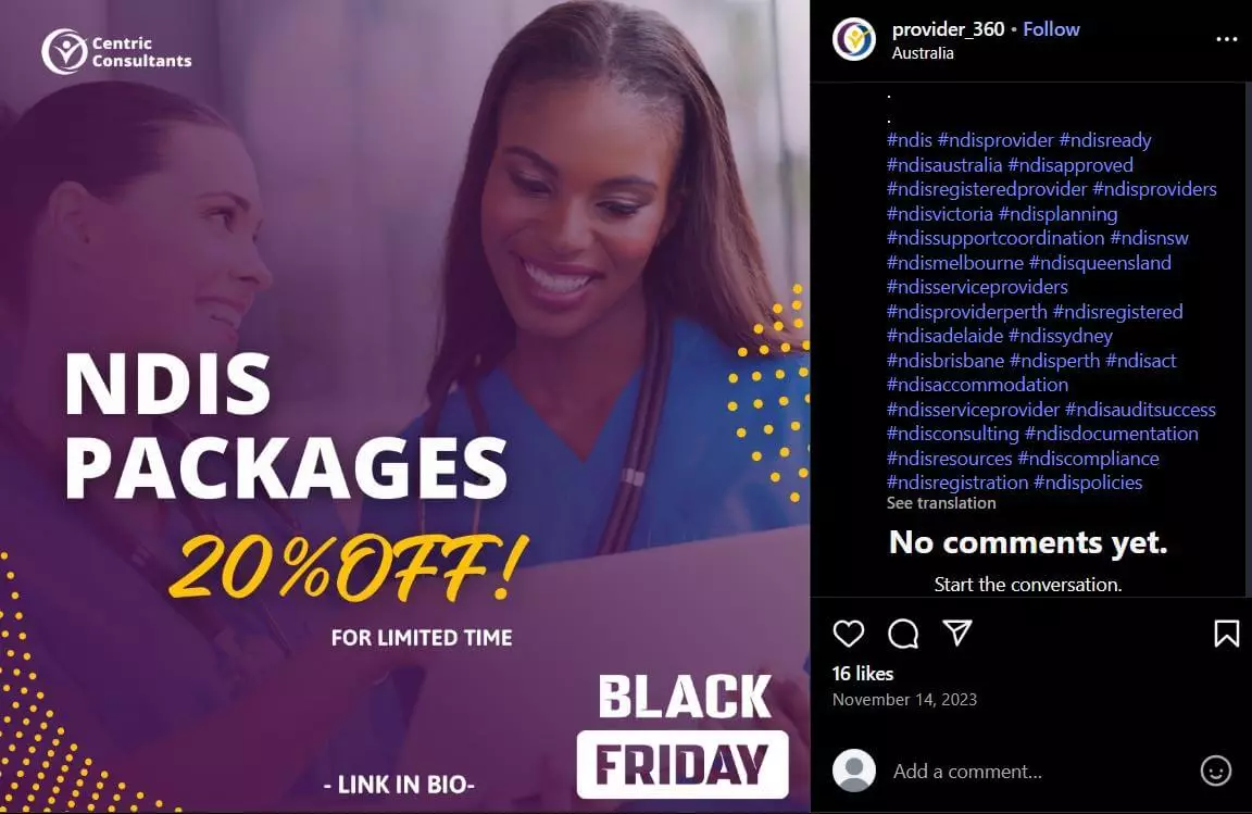 Two women smiling in scrubs with “NDIS Packages 20% OFF” Black Friday deal promoted by Centric Consultants.