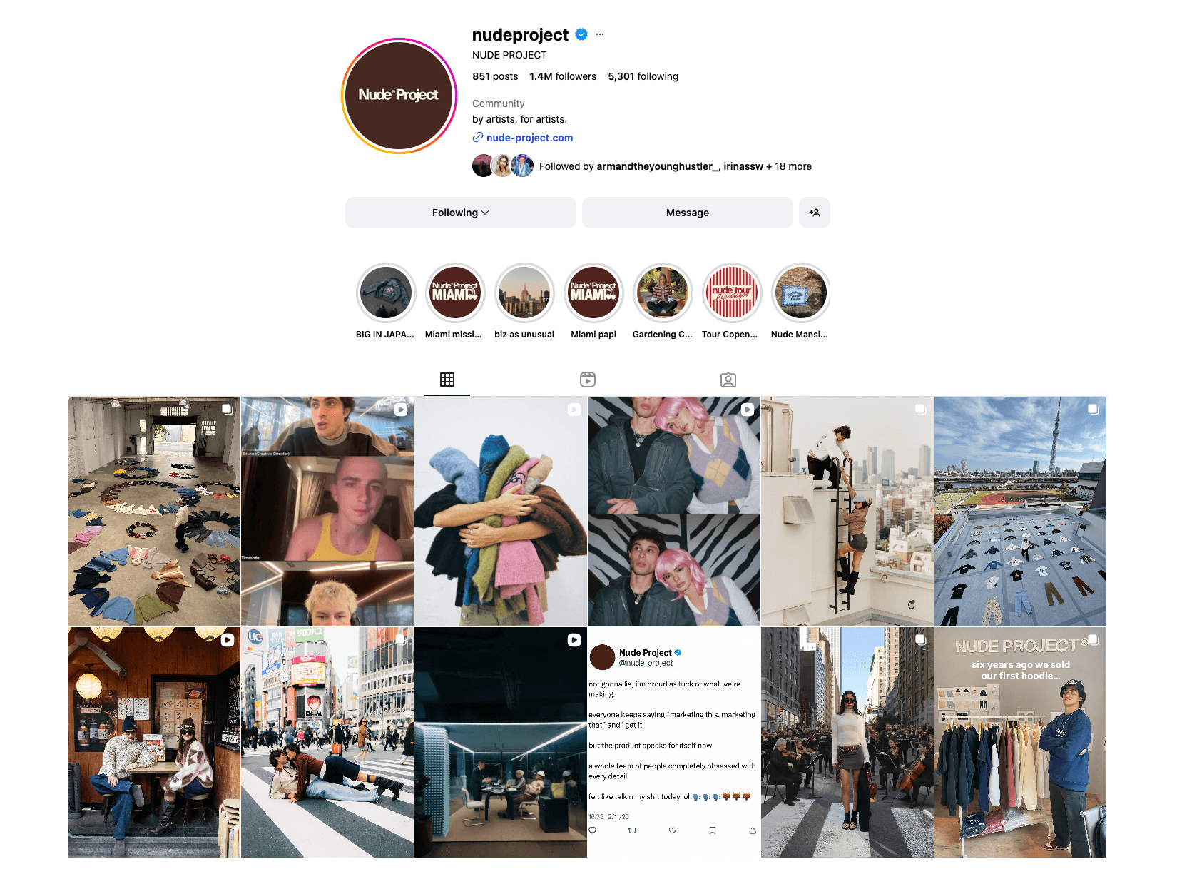 Nude Project Instagram profile showing streetwear content, community posts, and urban fashion lifestyle.