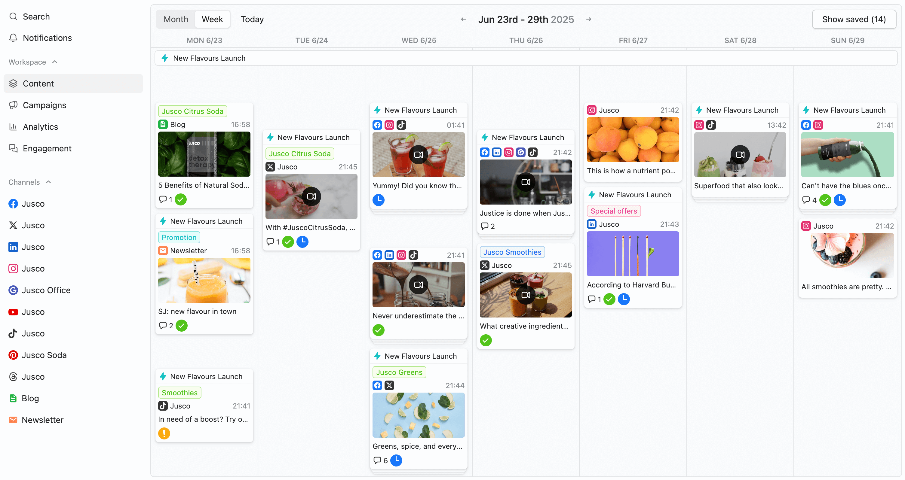Colorful Planable content calendar with engagement stats, approvals, and user comments.