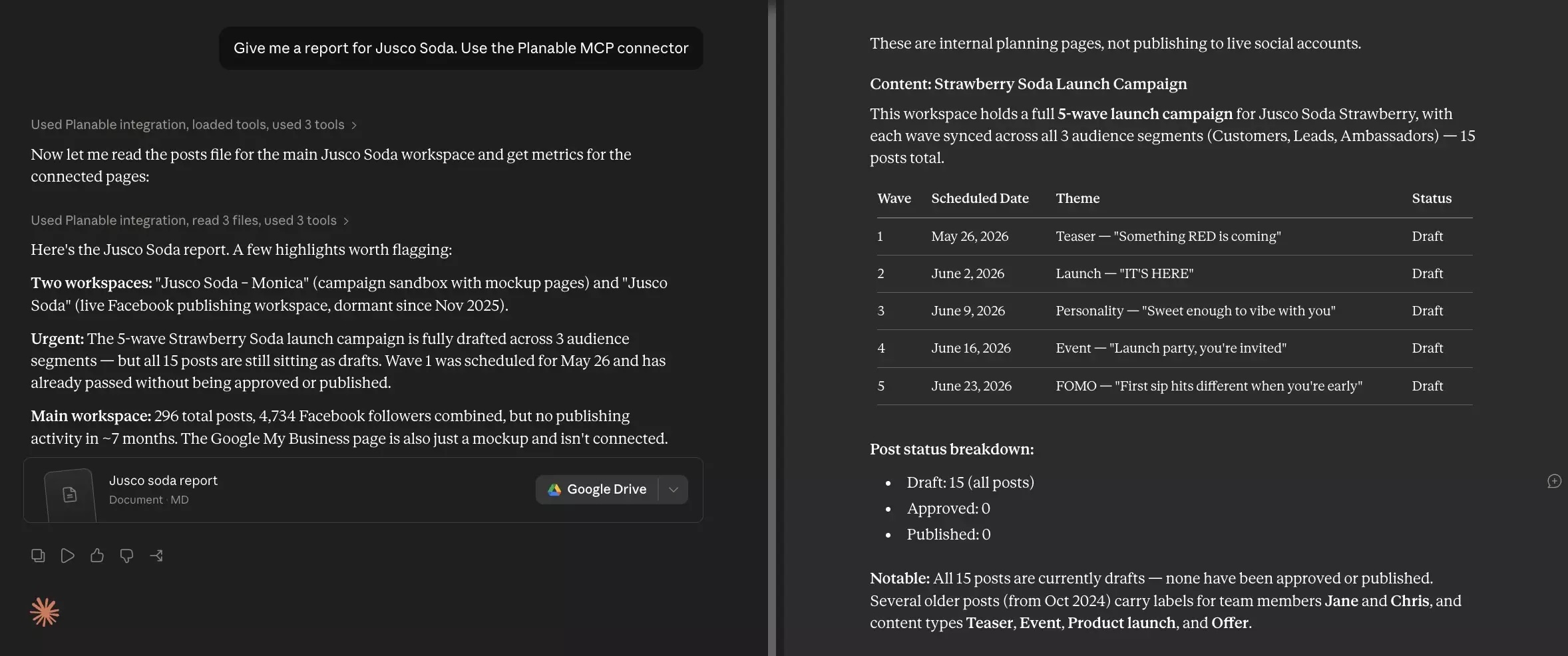 Claude report generated through Planable MCP summarizing Jusco Soda workspaces, campaign drafts, and publishing status.