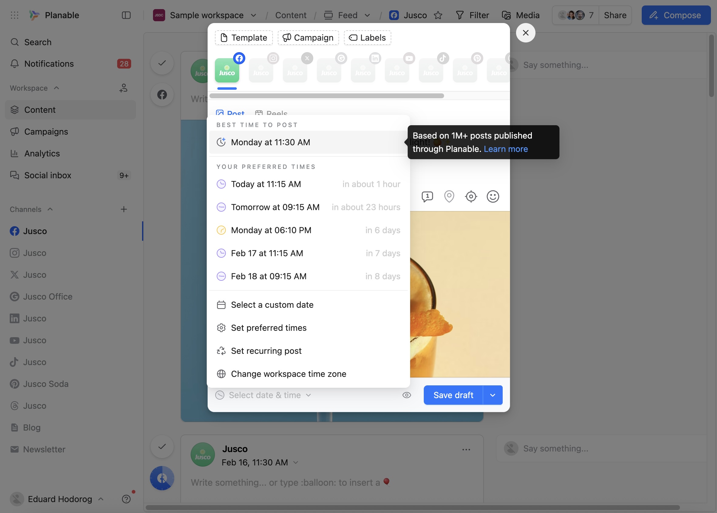 Planable scheduling menu recommending the best time to post and listing preferred publishing times.
