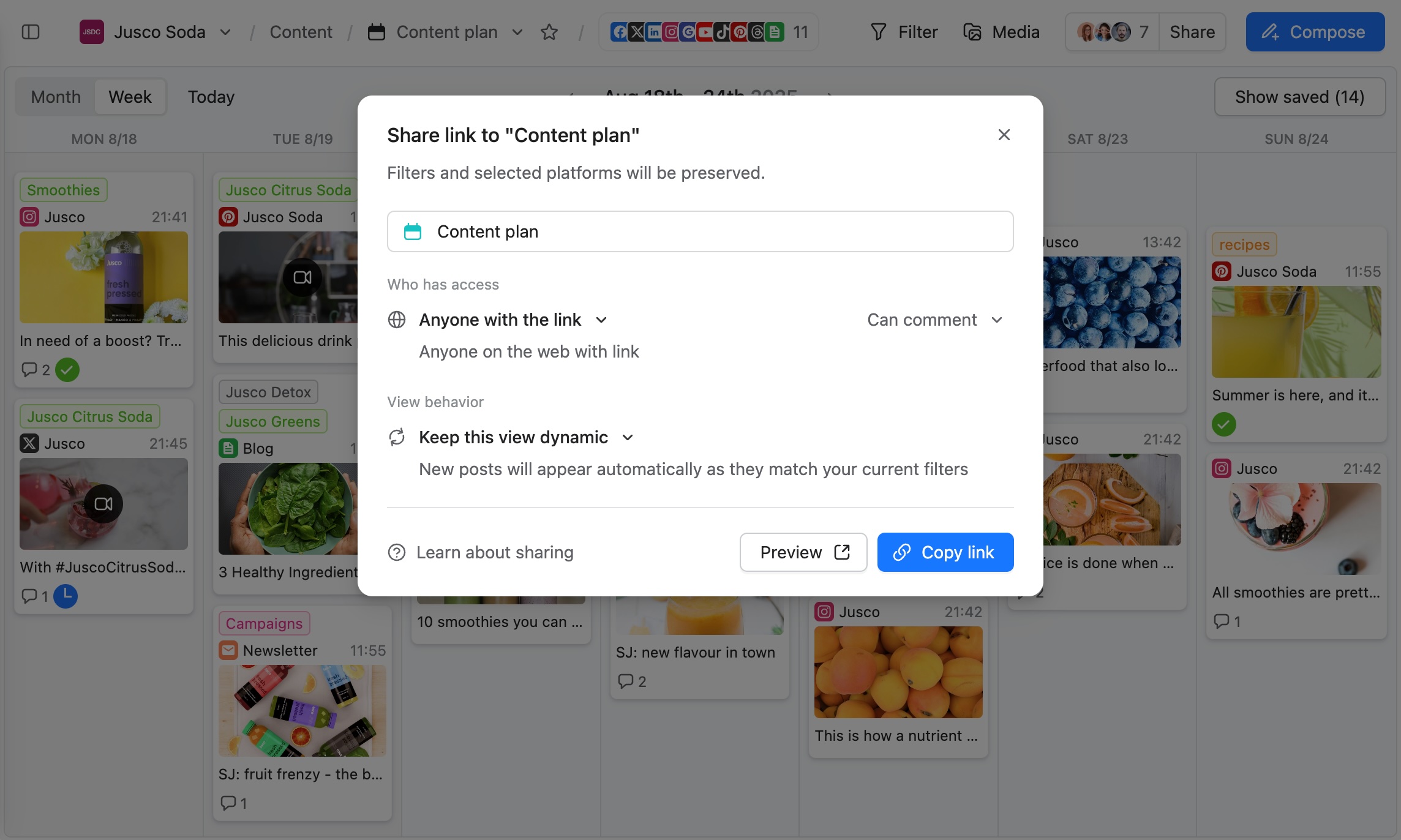 Planable share-link settings for a content plan, with comment access and dynamic view options.