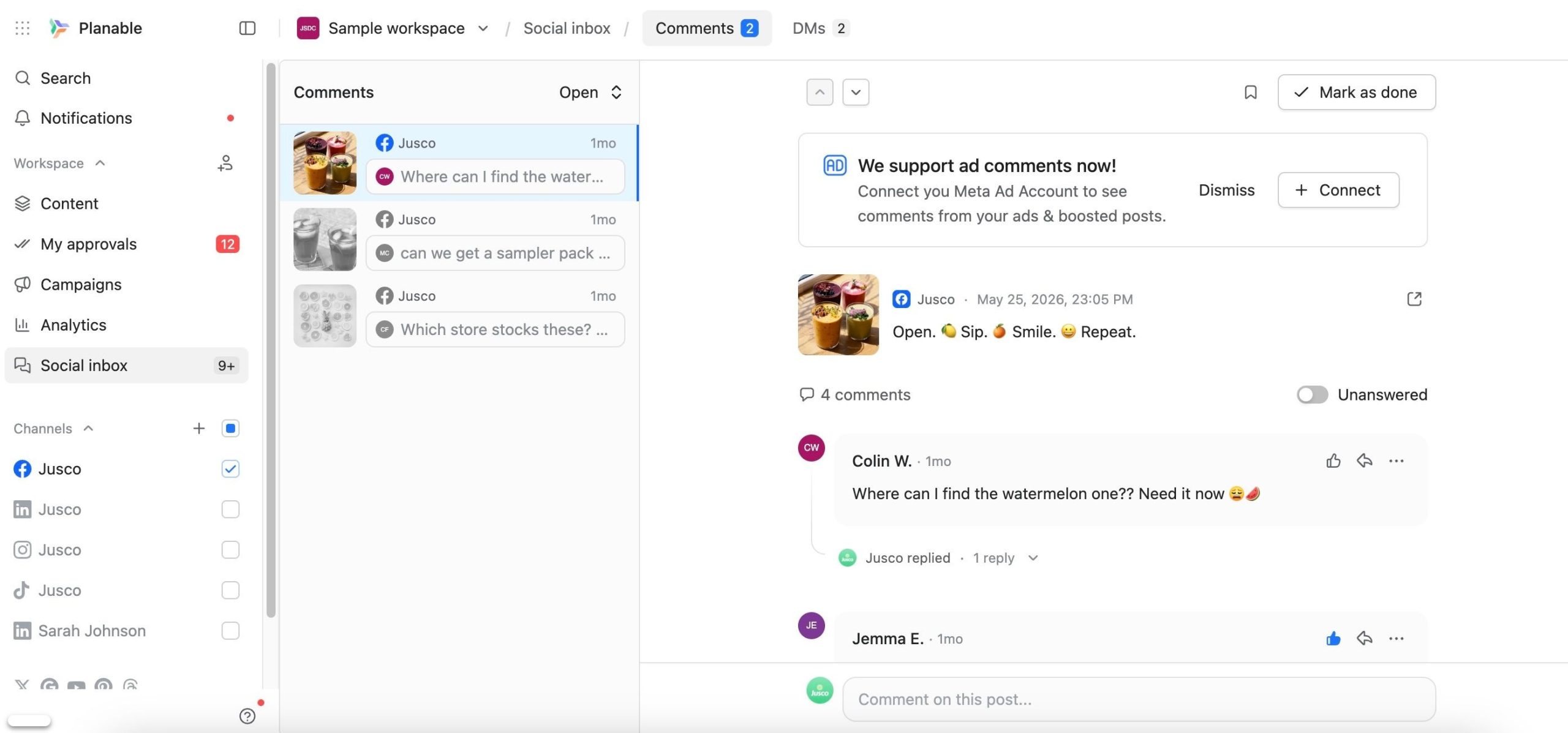 Planable social inbox showing Facebook comments on a Jusco juice post and reply management tools.
