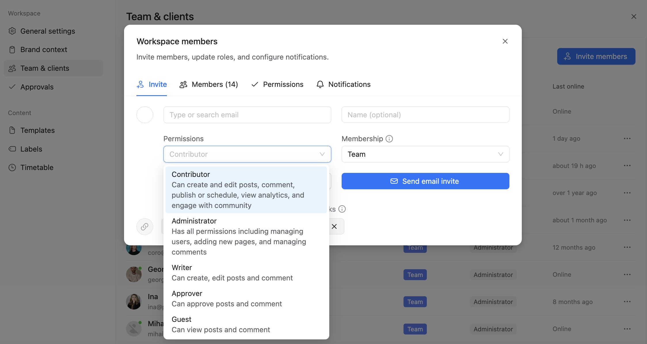 Planable workspace member invite screen with Contributor, Administrator, Writer, Approver, and Guest roles.