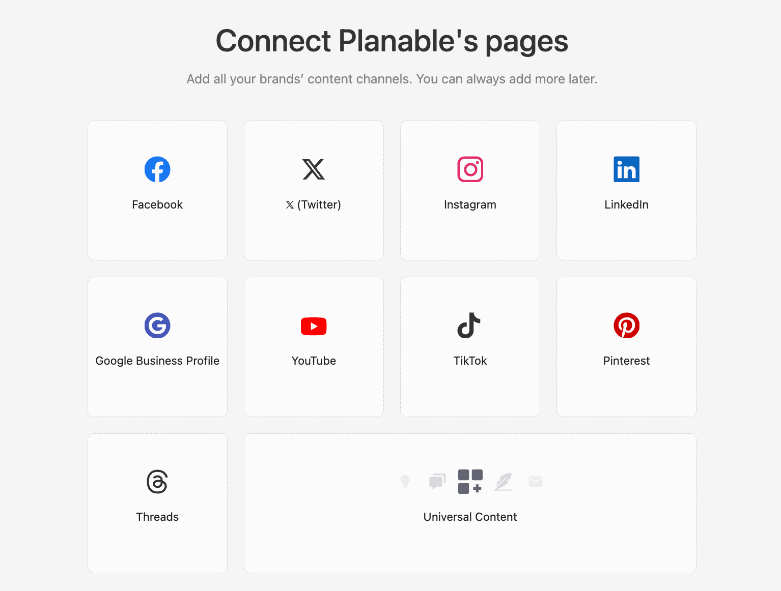 Planable-Oberfläche mit Optionen zum Verbinden von Content-Kanälen wie Instagram, Facebook, YouTube und Threads.