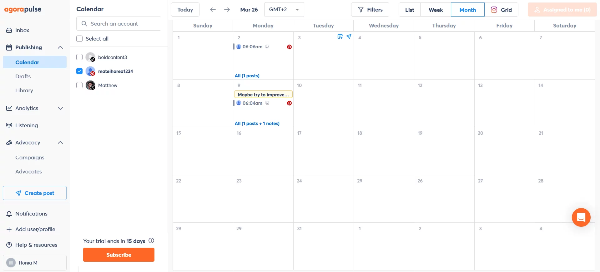 Agorapulse publishing calendar with notes and Inbox, Reports, Listening tabs
