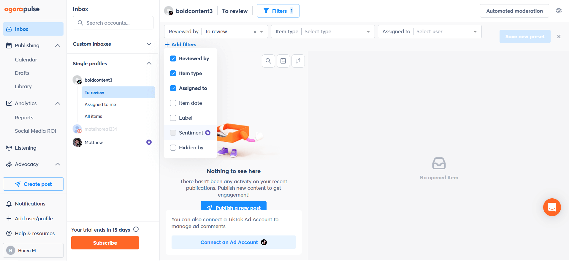 Agorapulse inbox dashboard with filters for review status, item type, assignment, and sentiment options