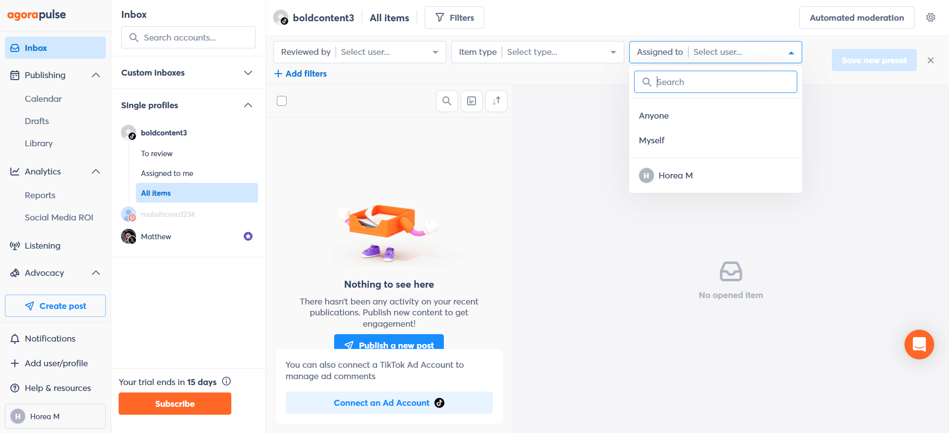 Agorapulse inbox showing assigned-to filter dropdown