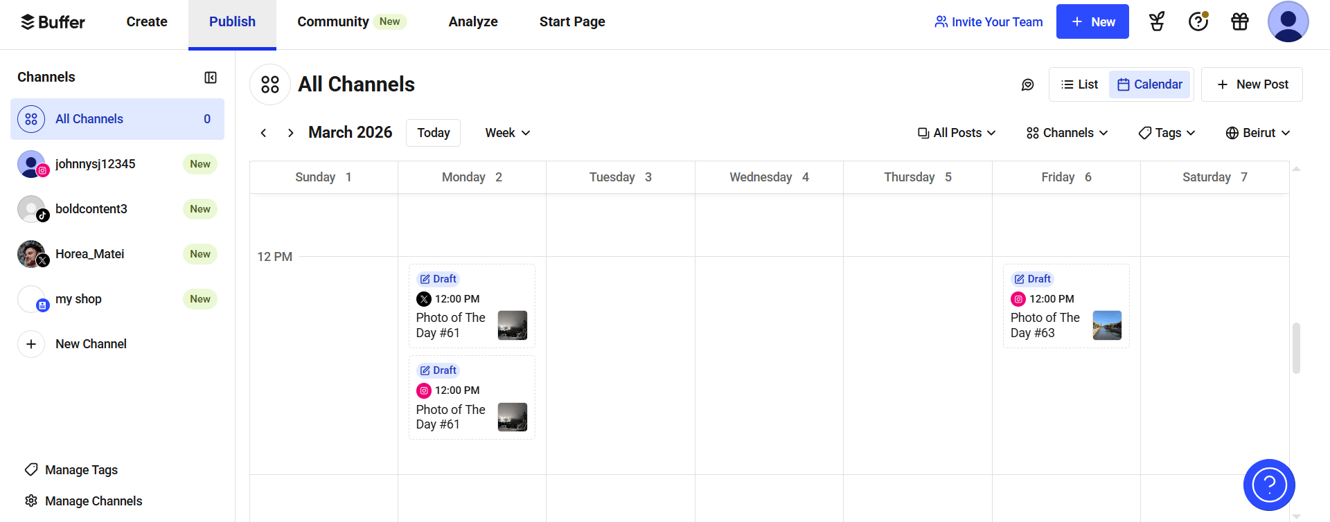 Buffer publish calendar with draft posts across channels