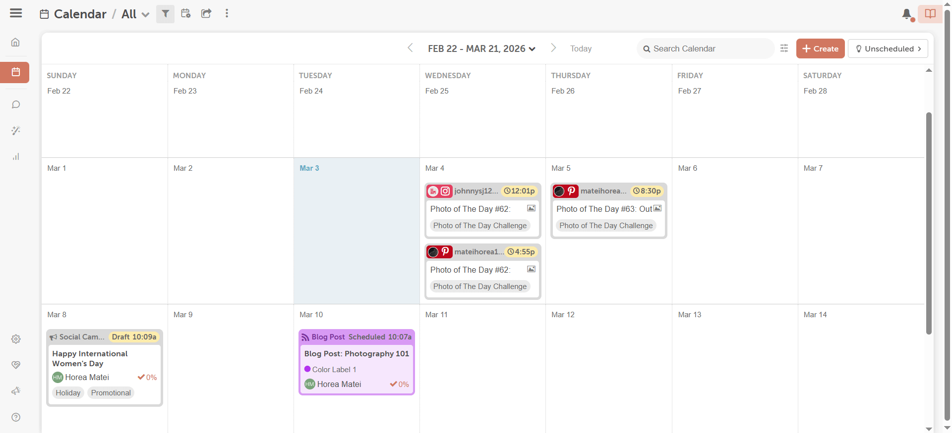 CoSchedule calendar with social posts, blog tasks, and campaigns