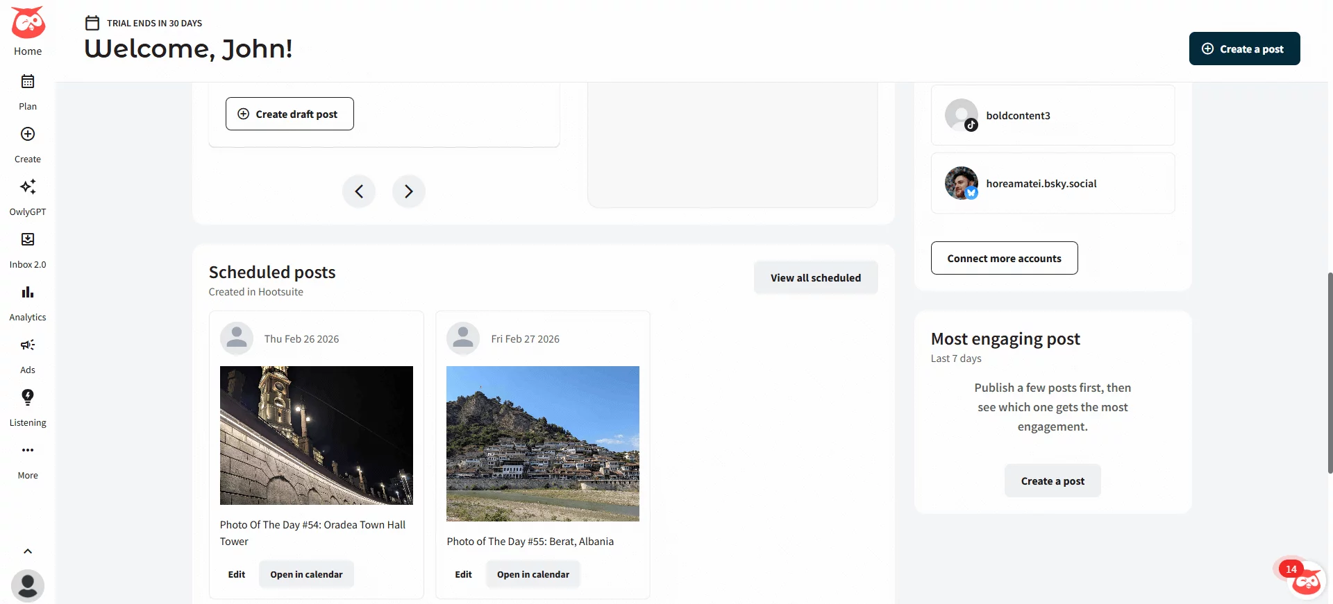 Hootsuite dashboard with scheduled posts and engagement overview