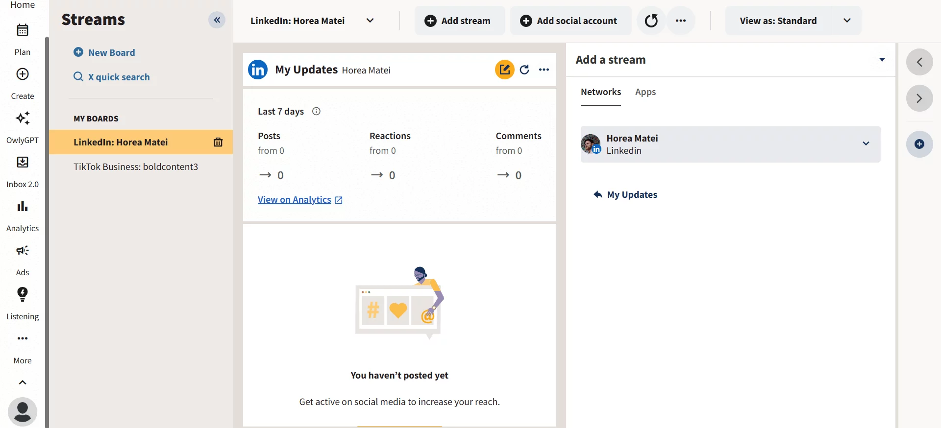 Hootsuite Streams dashboard showing LinkedIn updates, engagement metrics, and add stream panel