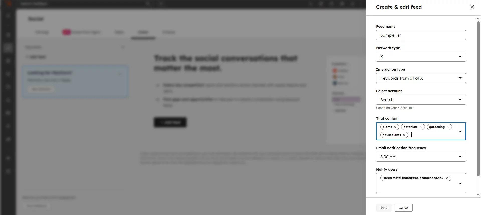 HubSpot keyword stream setup with X feed filters and tags