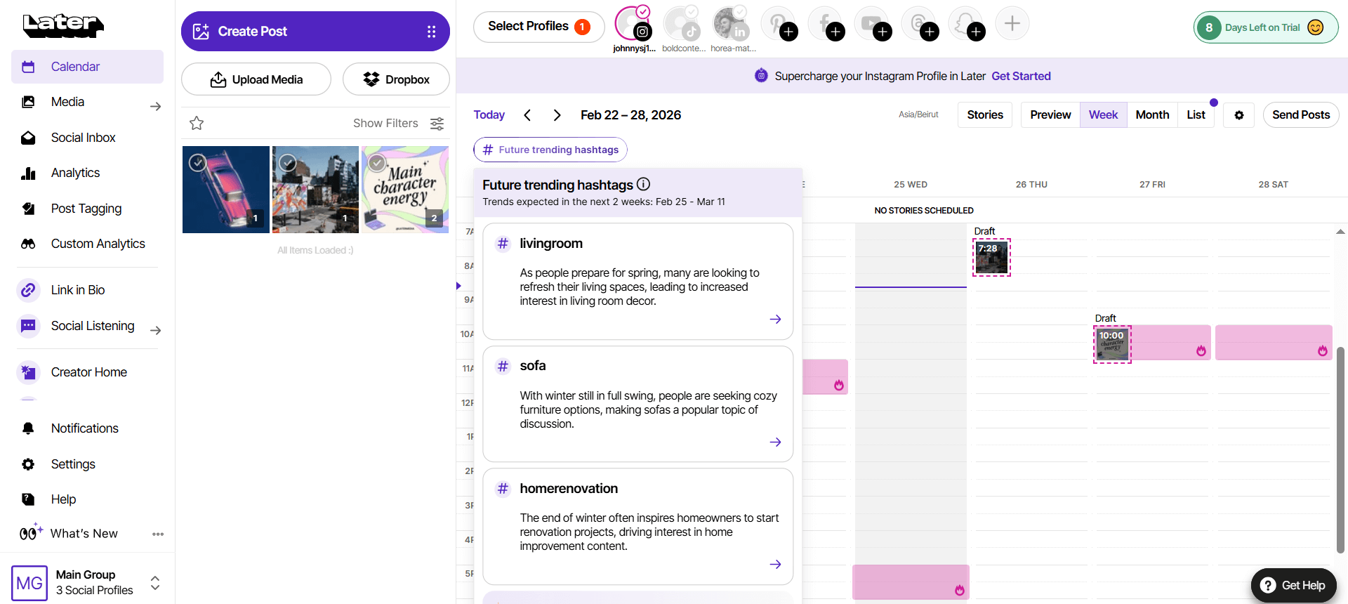 Later calendar with scheduled posts and trending hashtag suggestions