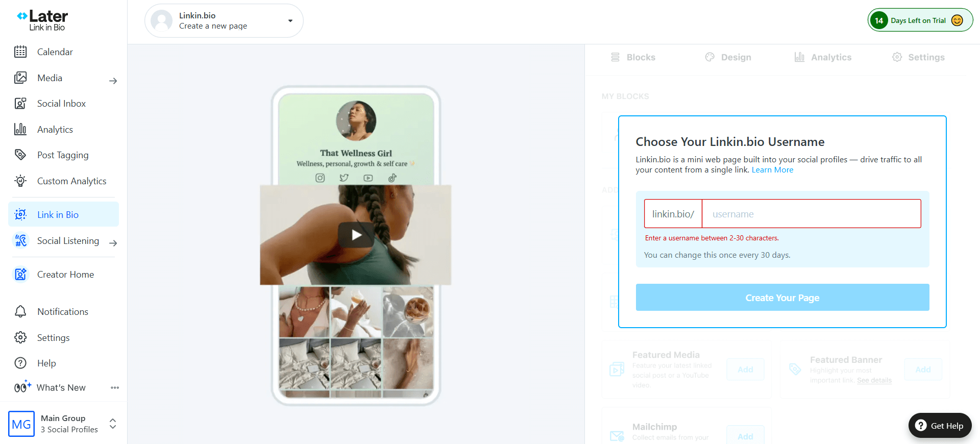 Later Link in Bio setup with username field and page preview