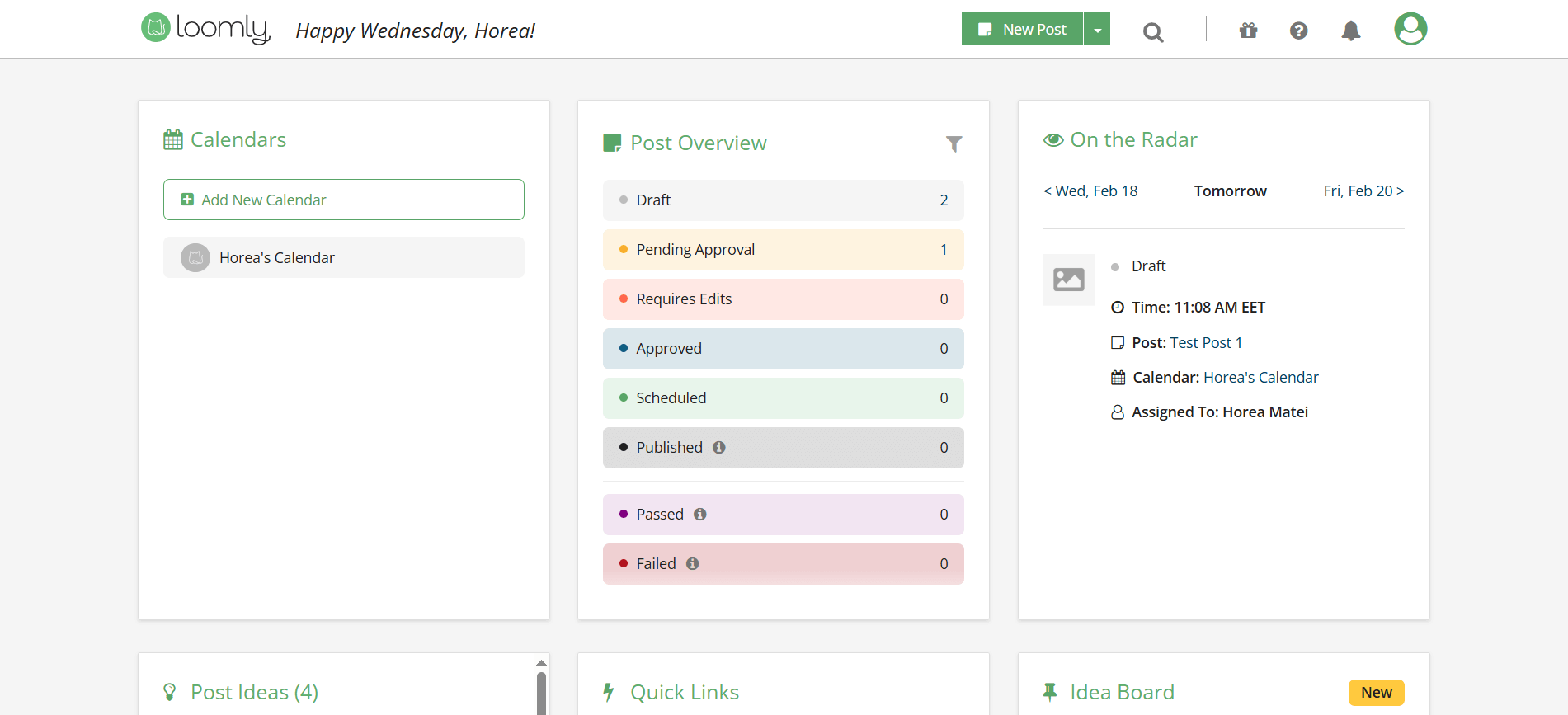 Loomly dashboard with post status overview and upcoming drafts