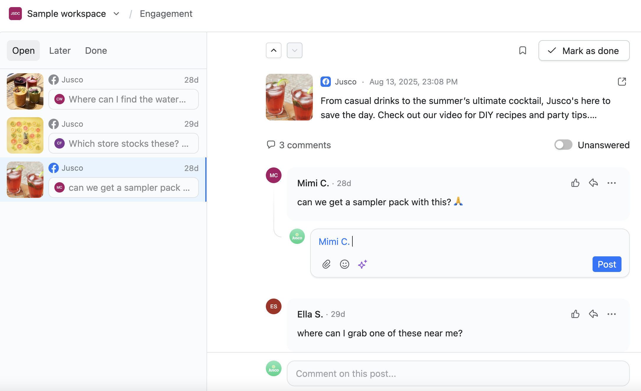 Planable engagement dashboard showing Facebook comments, reply box, and post management in a sample workspace