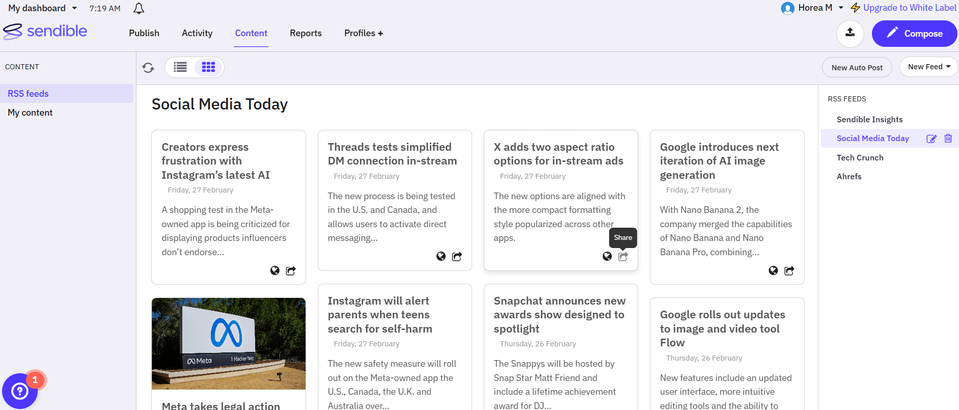 Sendible RSS feed dashboard with article cards and share option