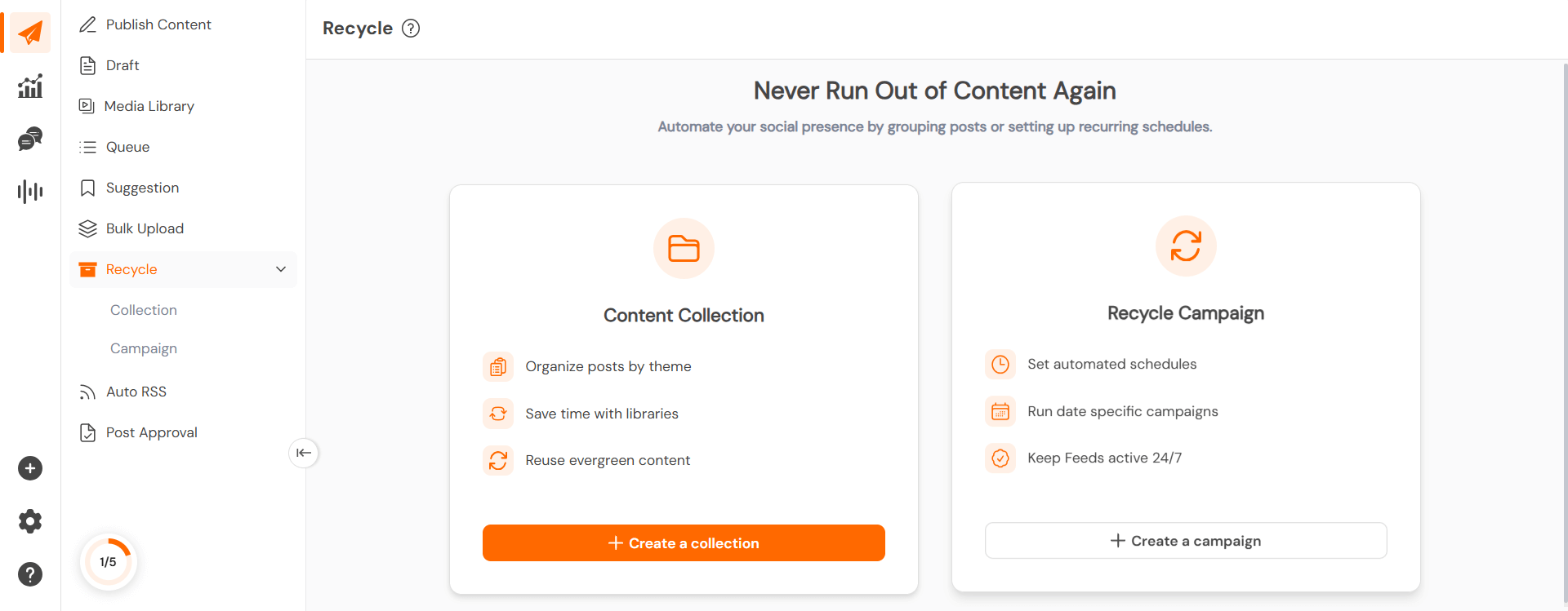 Social Champ recycle dashboard with content collections and campaigns