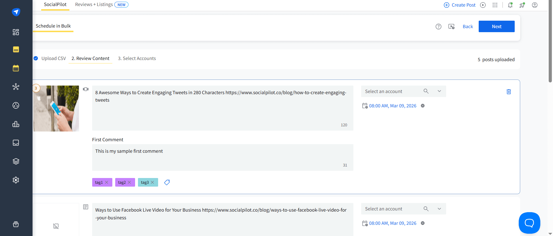 SocialPilot bulk scheduling screen with CSV upload, post preview, tags, and scheduled time selection