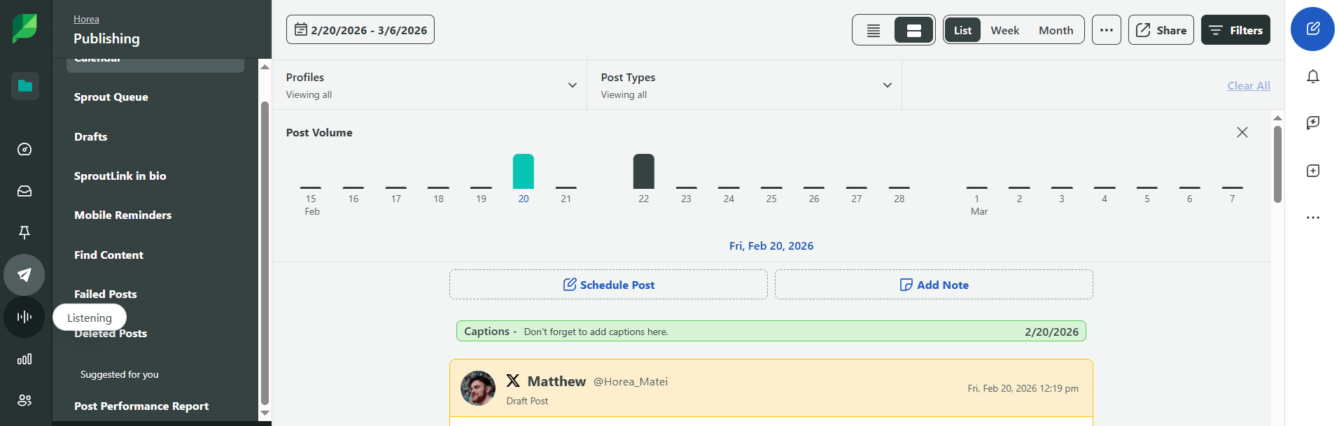 Sprout Social publishing view with listening and post volume chart