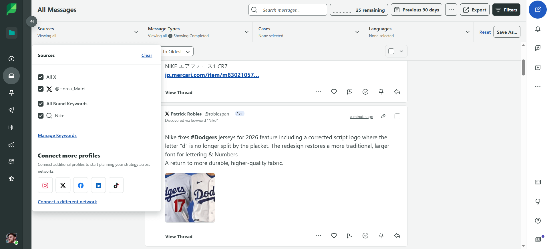 Sprout Social listening inbox with keyword and source filters open
