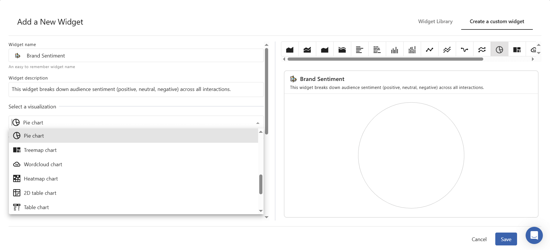 Statusbrew custom report builder for brand sentiment with pie chart preview and visualization selector