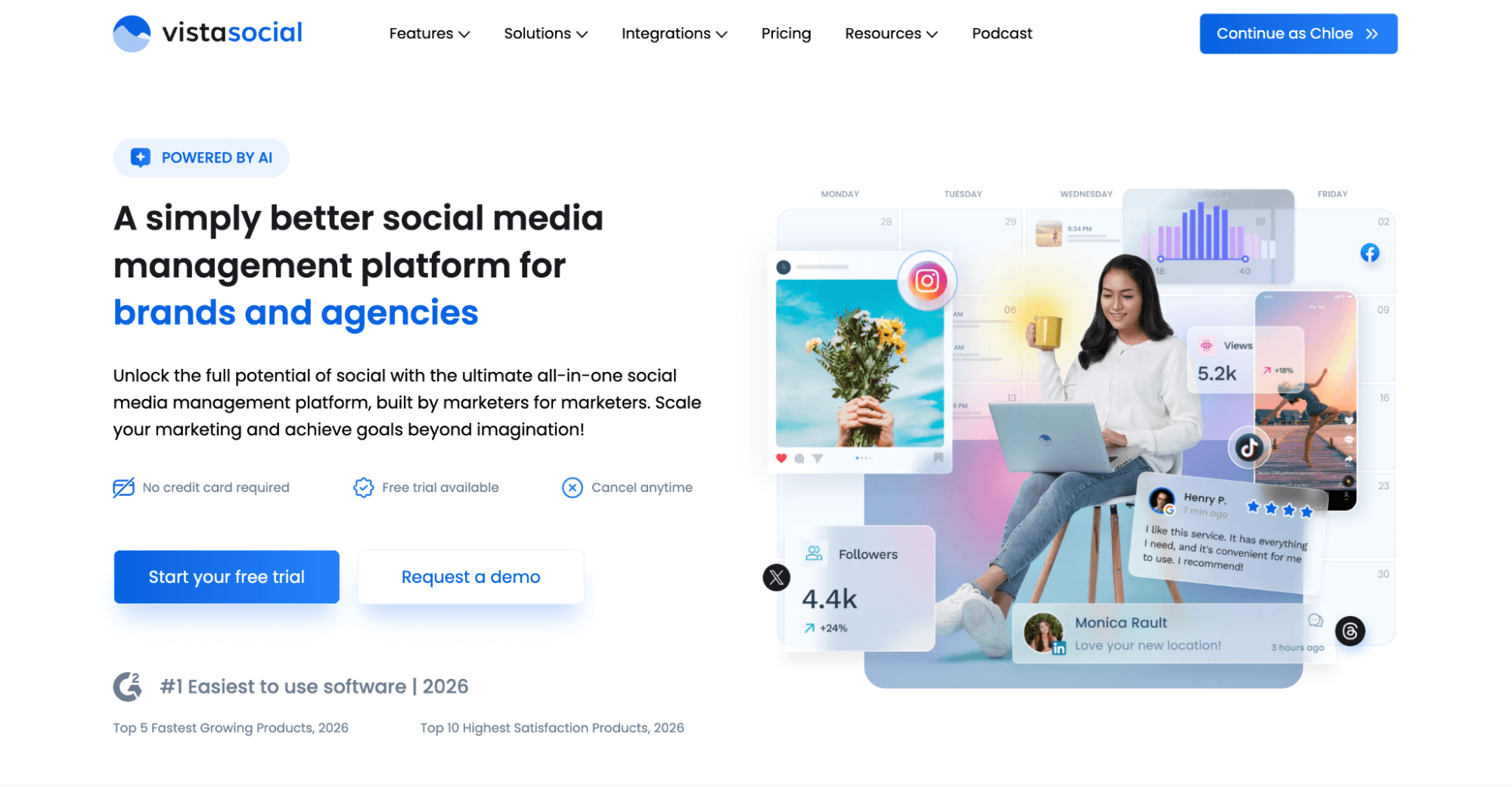 Vista Social homepage promoting AI social media management platform with laptop user, analytics charts, and social post previews.
