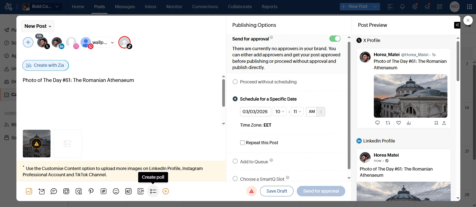 Zoho Social composer with multi-network previews and approval scheduling options