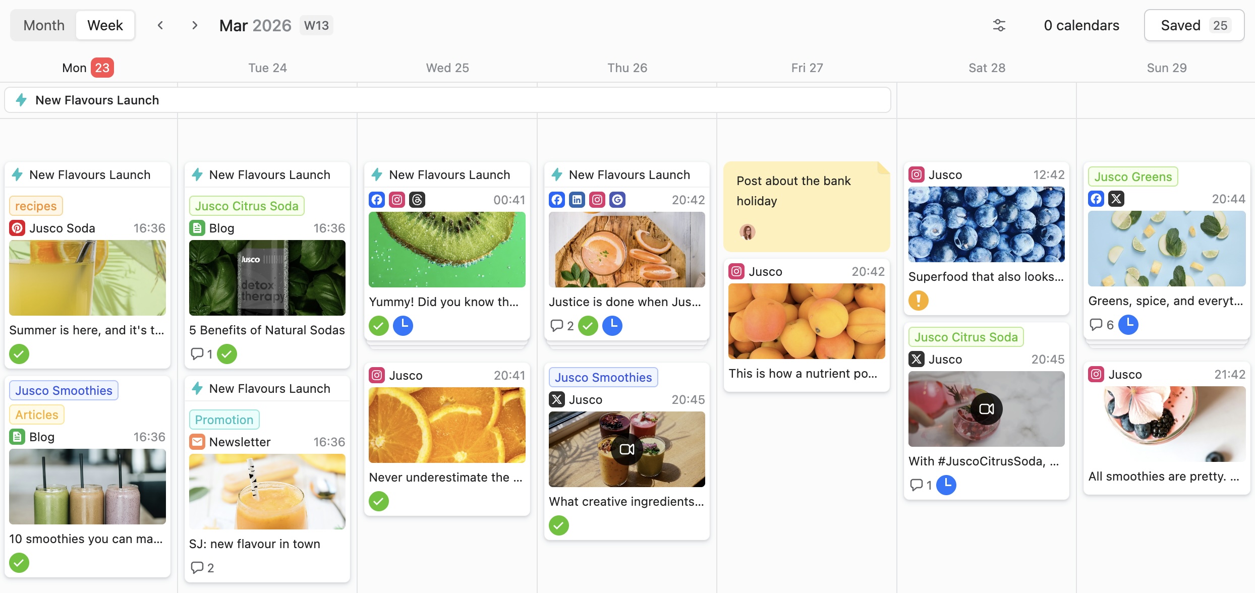 Content calendar with scheduled campaign posts, social media assets, and weekly publishing plan