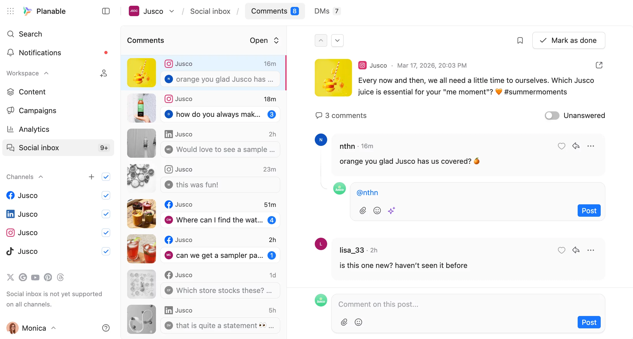 Planable social inbox dashboard displaying comments, posts, and engagement across multiple social channels