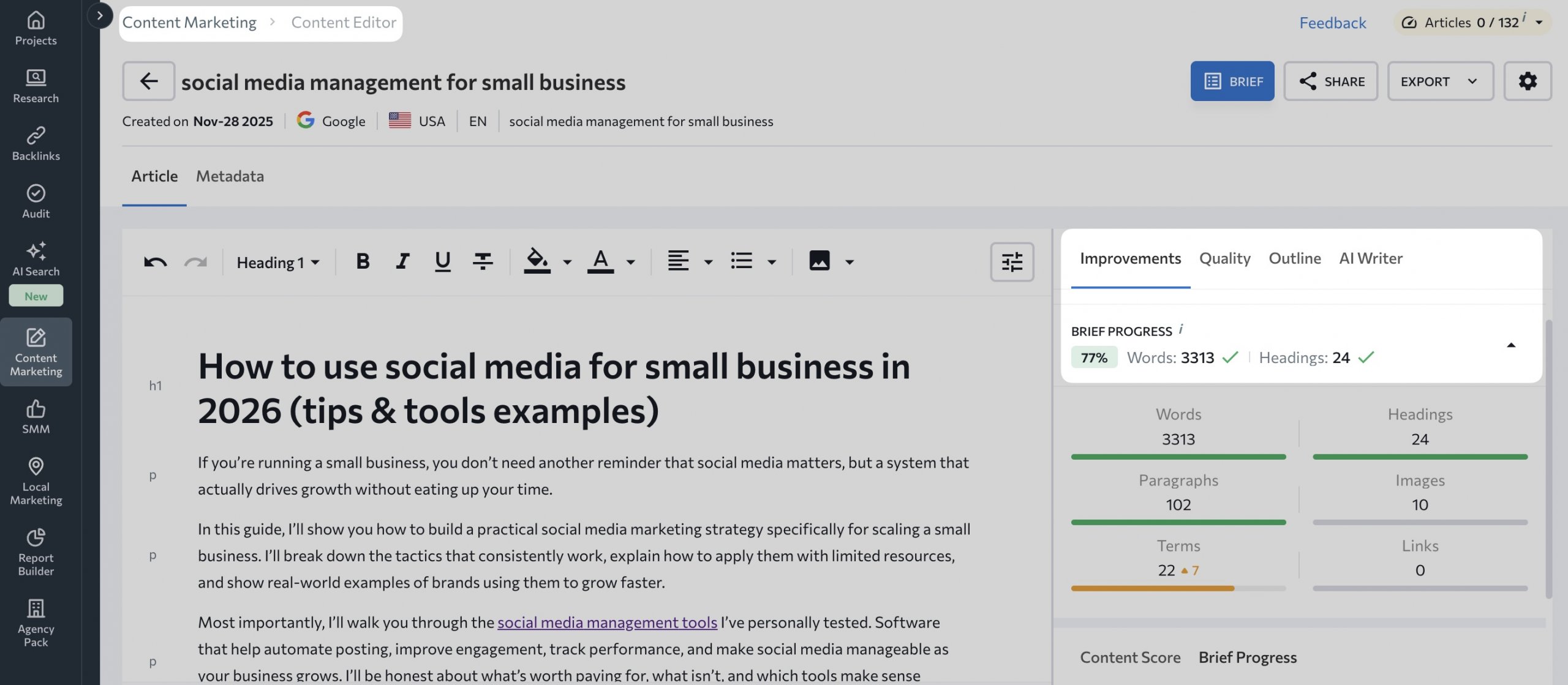 SEO content editor dashboard showing article draft, keyword optimization score, headings, and content improvement suggestions