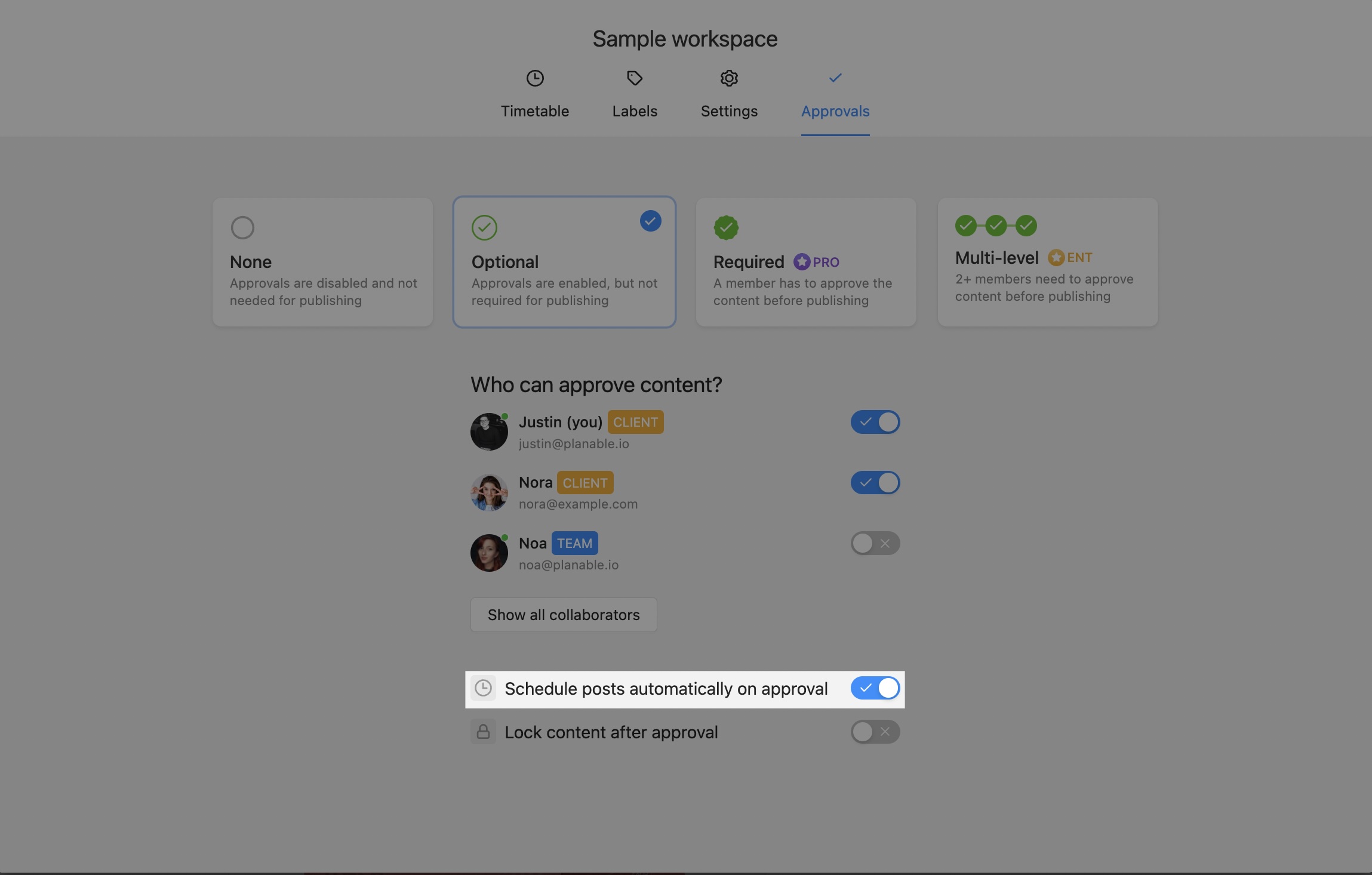 Planable approvals settings with automatic post scheduling on approval enabled for a sample workspace.