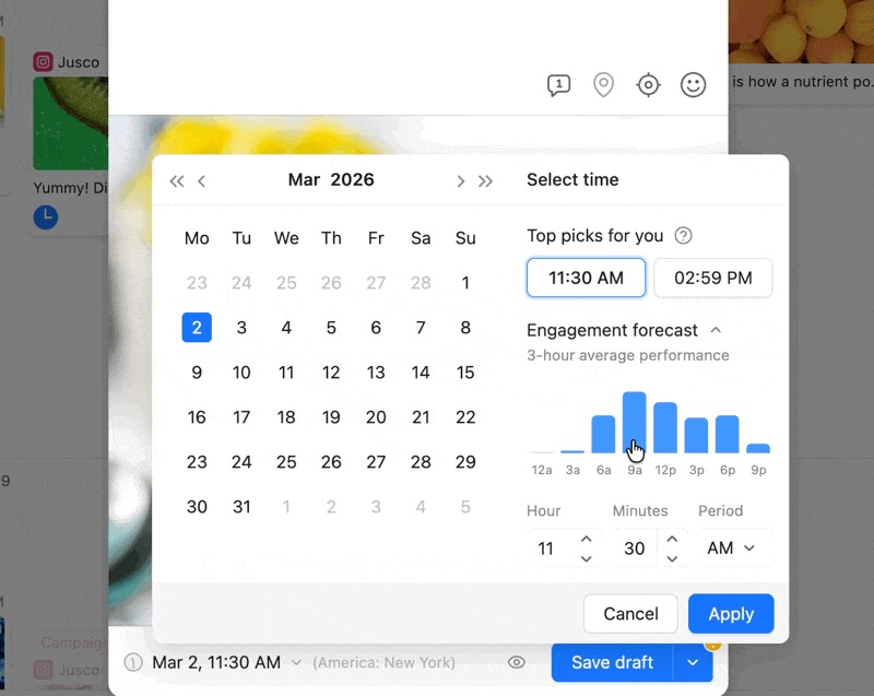 Planable scheduling calendar showing top posting times and an engagement forecast