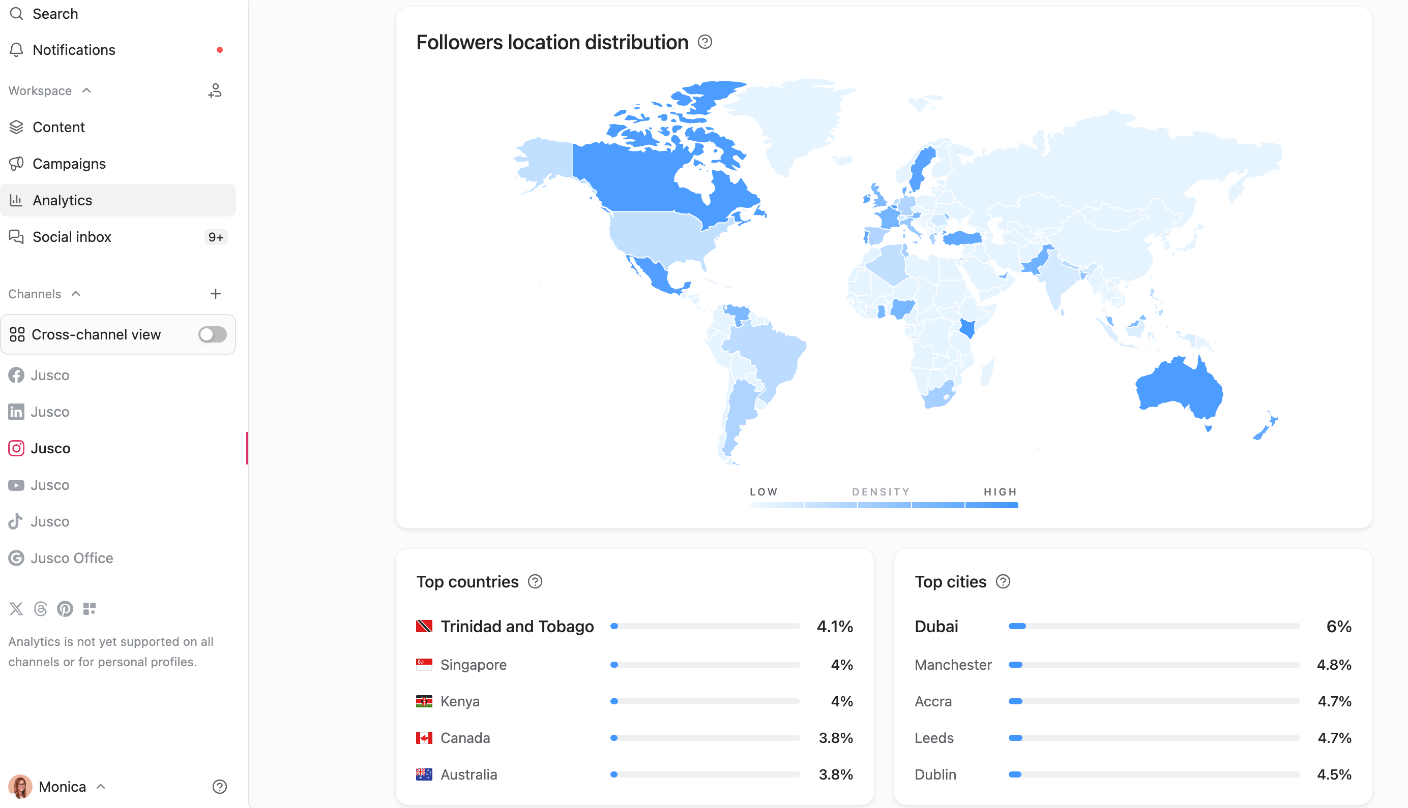 World map showing follower location distribution and top countries in planable analytics