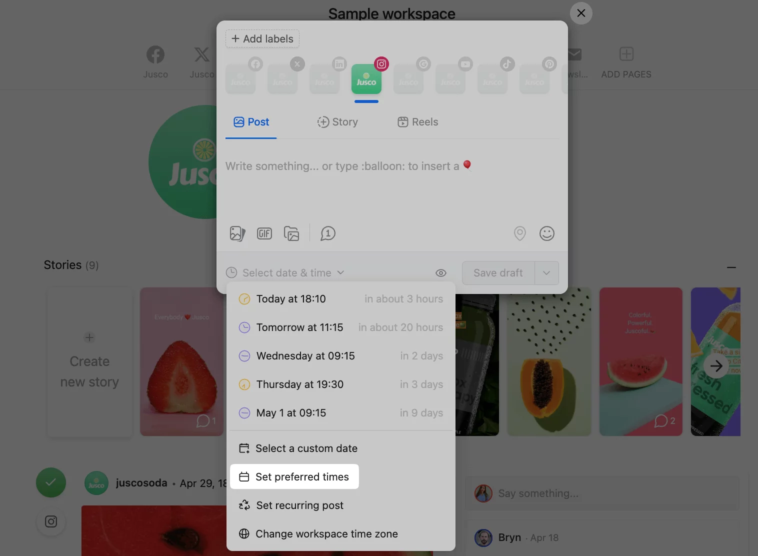 Planable composer with preferred posting times and scheduling options.