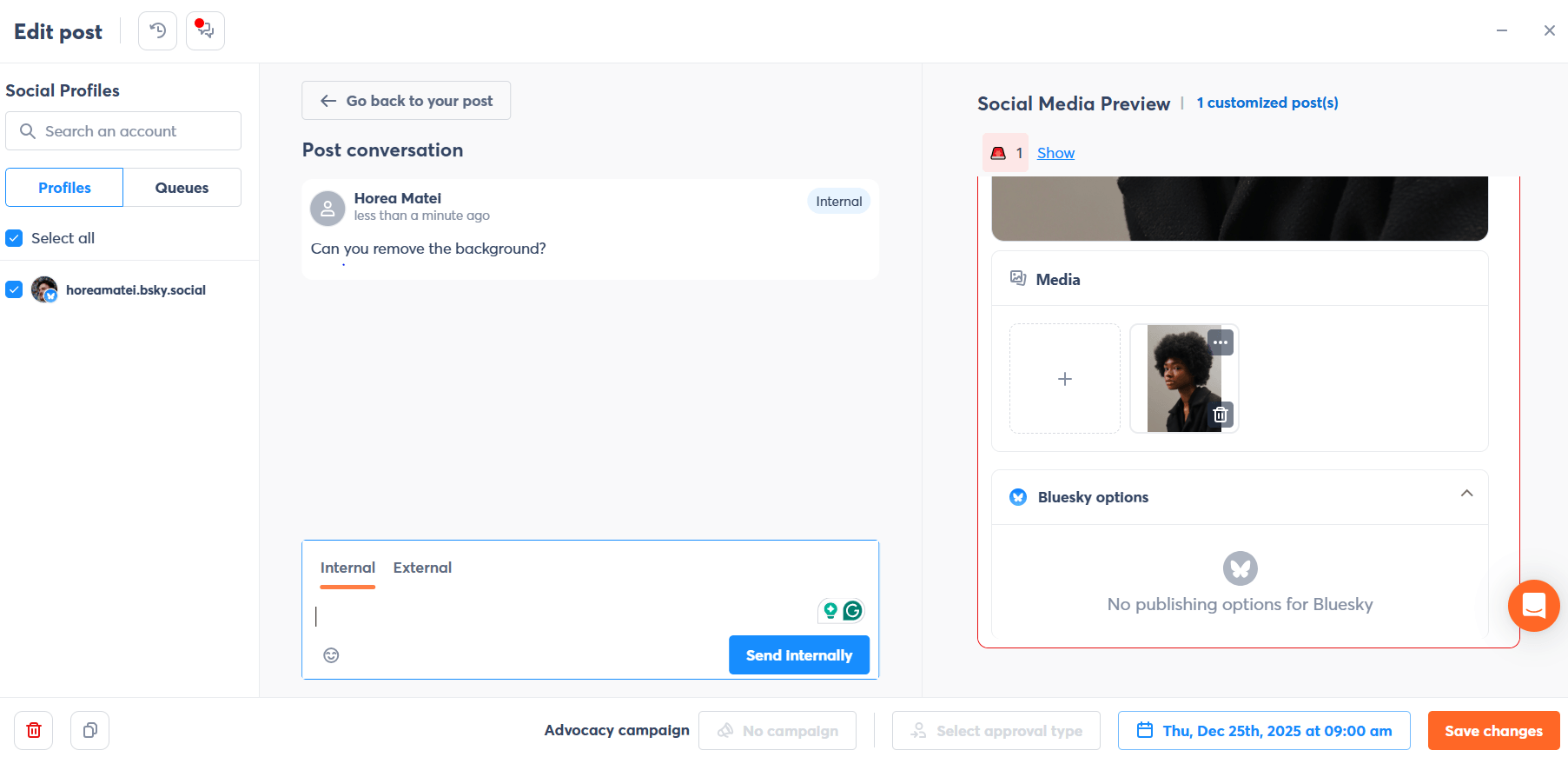 Social media post editor showing internal comments, approval workflow, and preview panel in Agorapulse dashboard