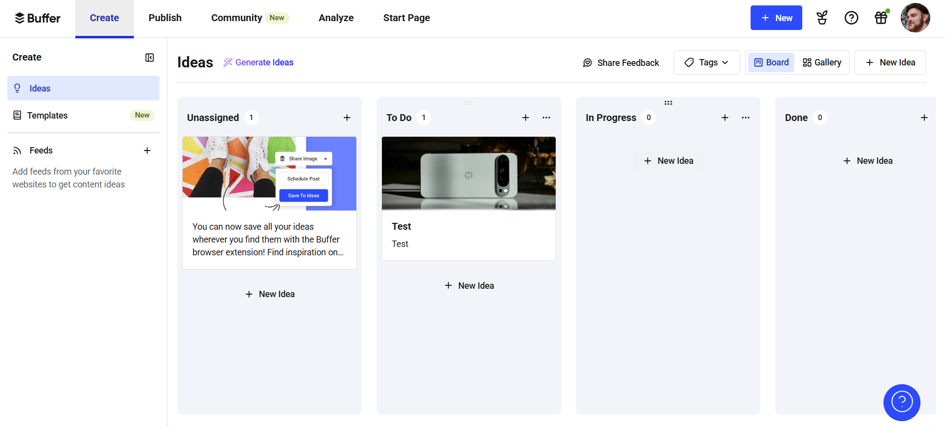 Buffer ideas board with content cards organized by status like unassigned, to do, and in progress