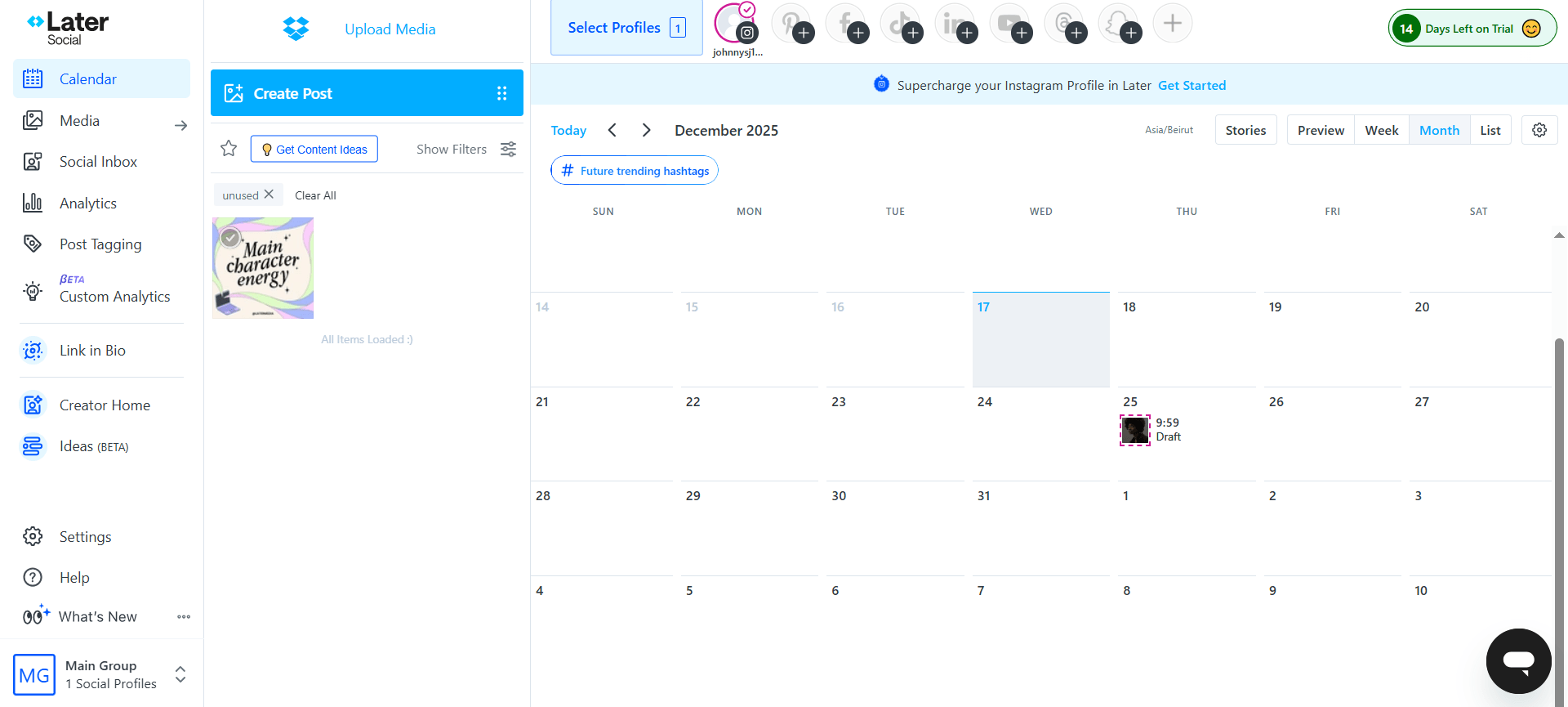 Social media calendar view in Later showing scheduled posts, draft content, and monthly planner