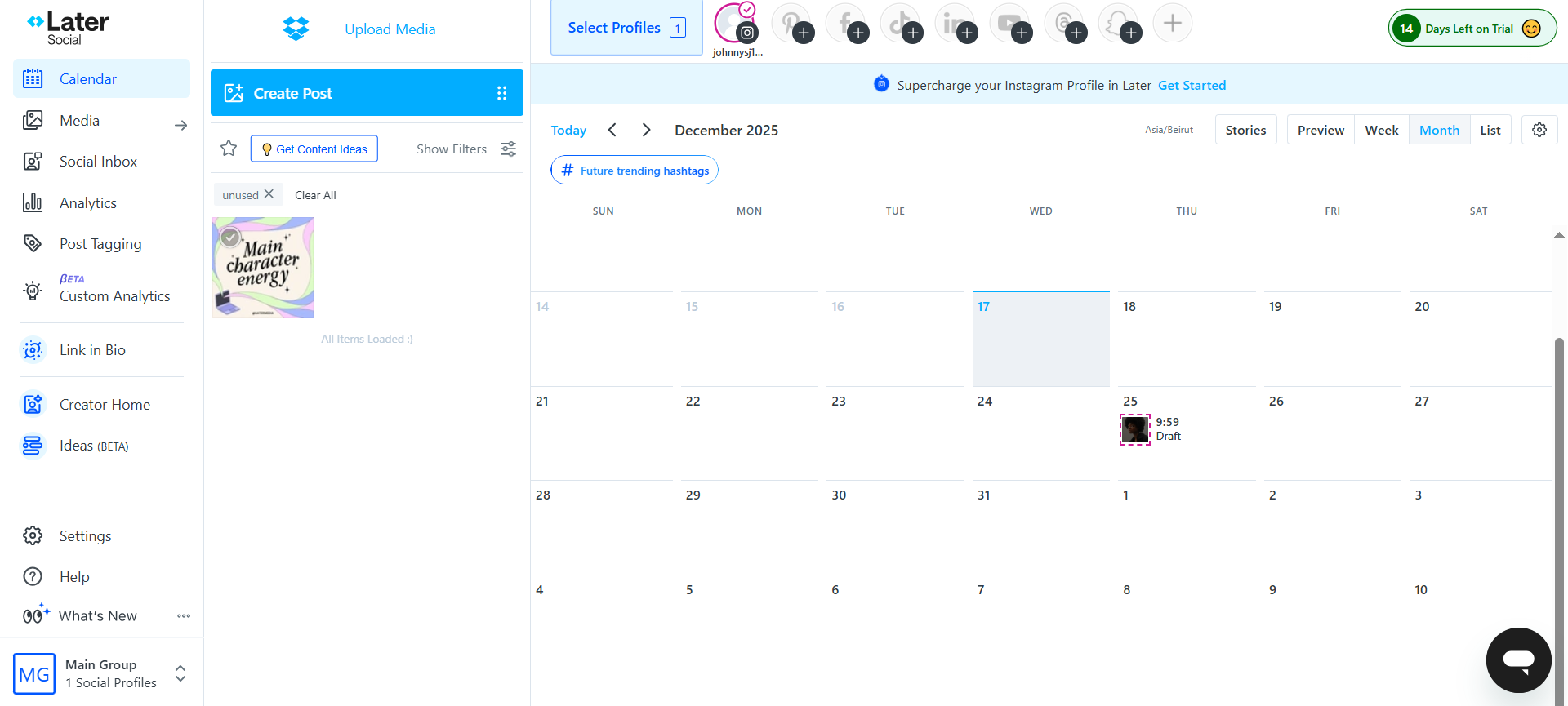 Social media content calendar with monthly view, scheduled posts, and media library panel