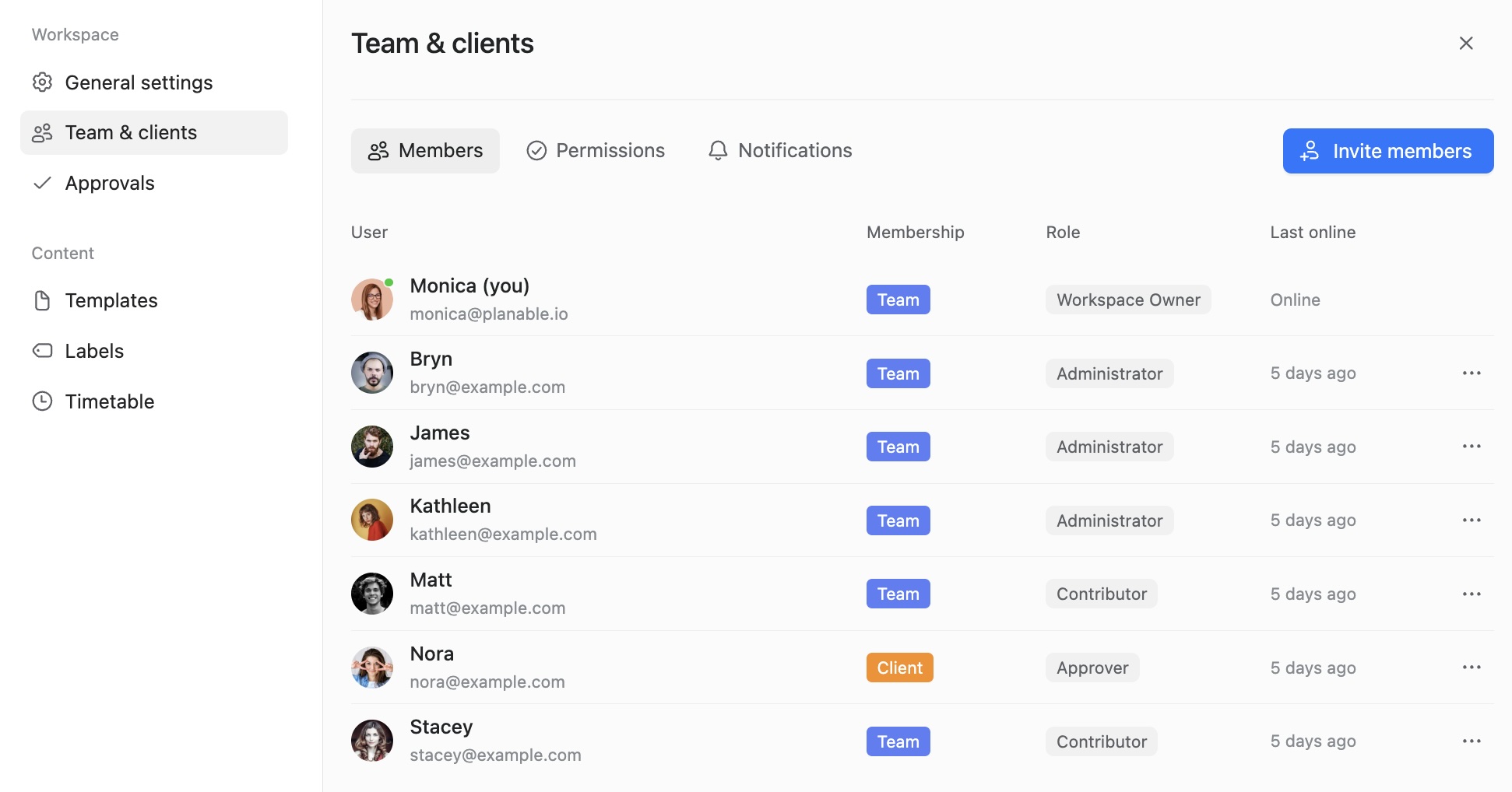 Team members list showing roles like admin, contributor and client with last active status