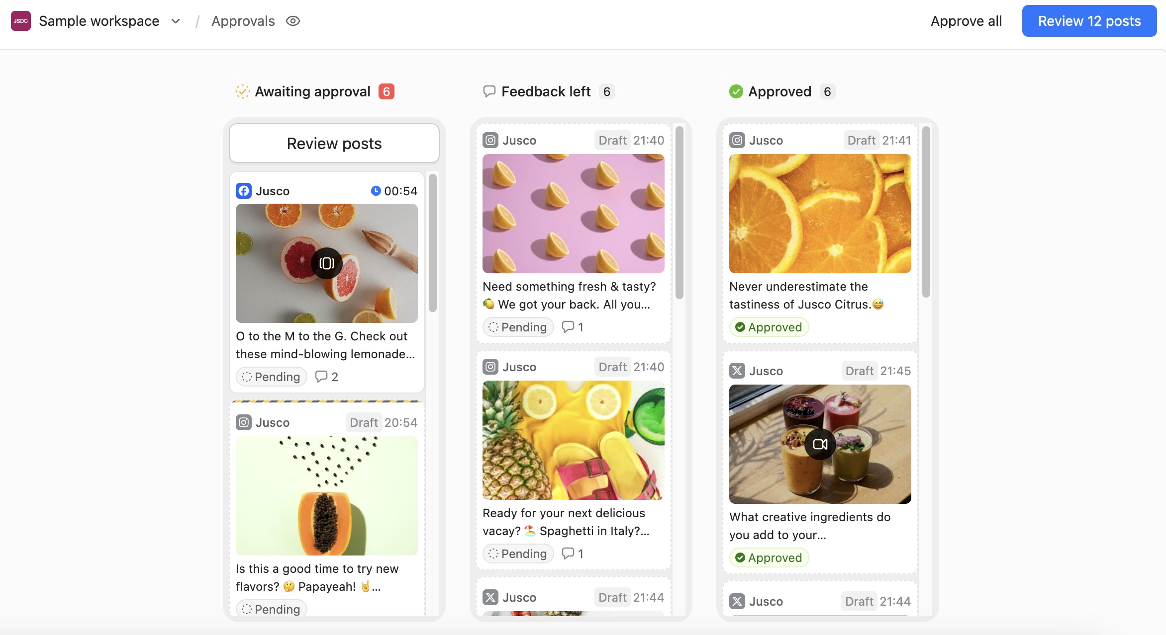 Planable approvals dashboard with kanban columns for pending, feedback, and approved social media posts