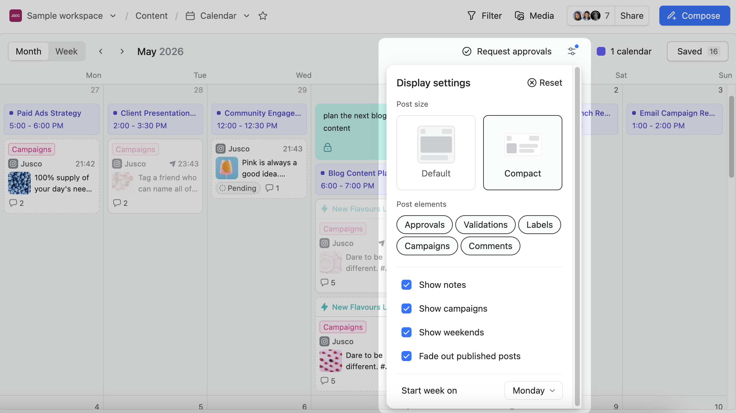 Planable content calendar with display settings panel for post size, approvals, labels, and campaign visibility