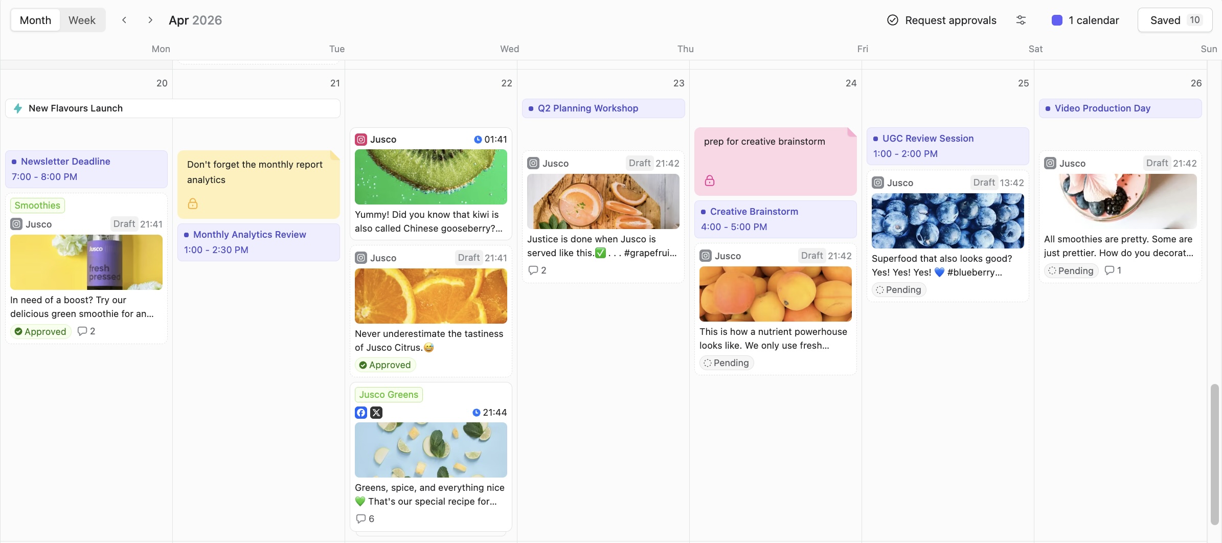 Planable monthly calendar showing scheduled posts alongside color-coded calendar notes and campaign banners