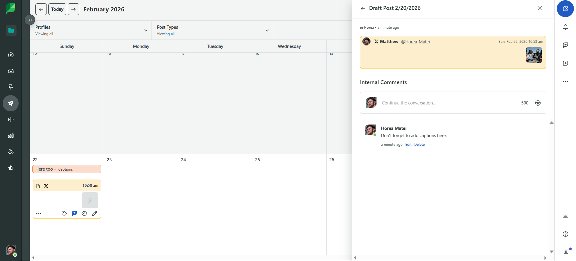 Social media calendar with draft post and internal comments panel for collaboration and editing