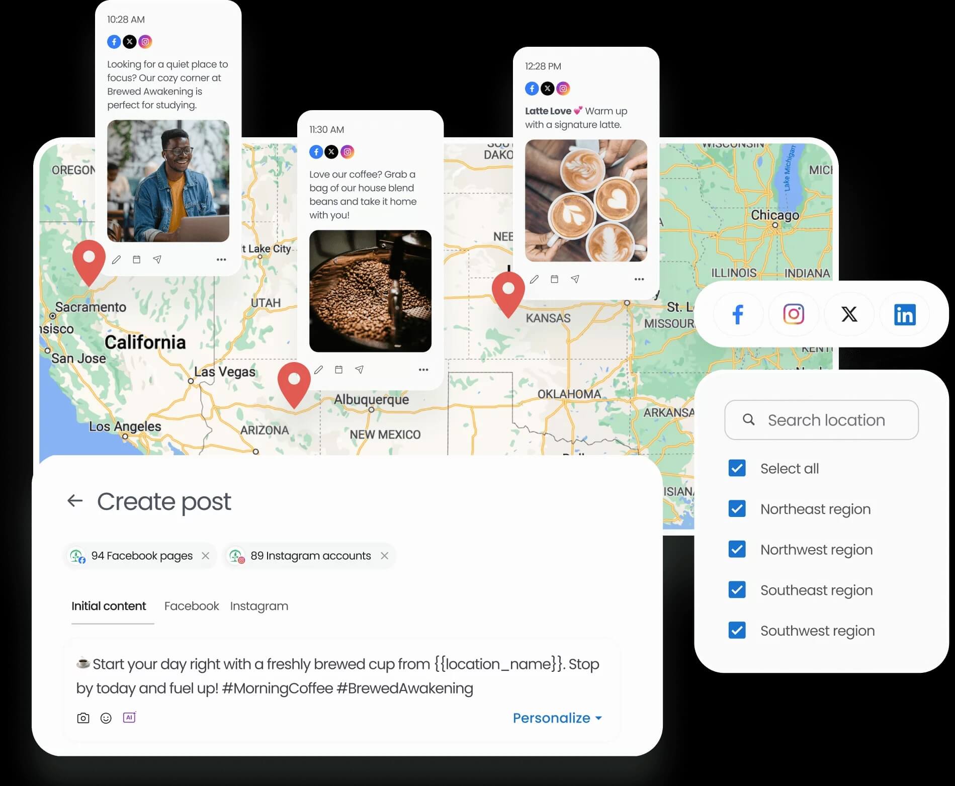 Social media scheduling dashboard with map targeting, location pins, and multi-platform post previews